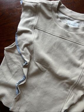 Anthropologie Tan Ribbed Ruffle-Trim Tank Top with Stripe Accents